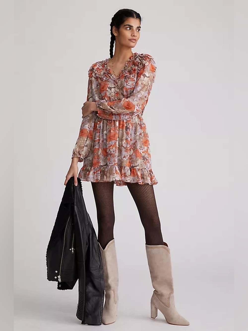 Current Air Floral Ruffle Mini Dress in Orange and Cream pleated long sleeve XS